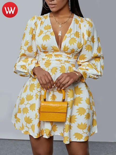 Vestido de moda dulce 2025 con escote en V profundo, estampado floral, minivestido de corte A para mujer, ropa de verano de manga larga, conjuntos para dama