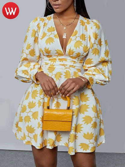 Vestido de moda dulce 2025 con escote en V profundo, estampado floral, minivestido de corte A para mujer, ropa de verano de manga larga, conjuntos para dama