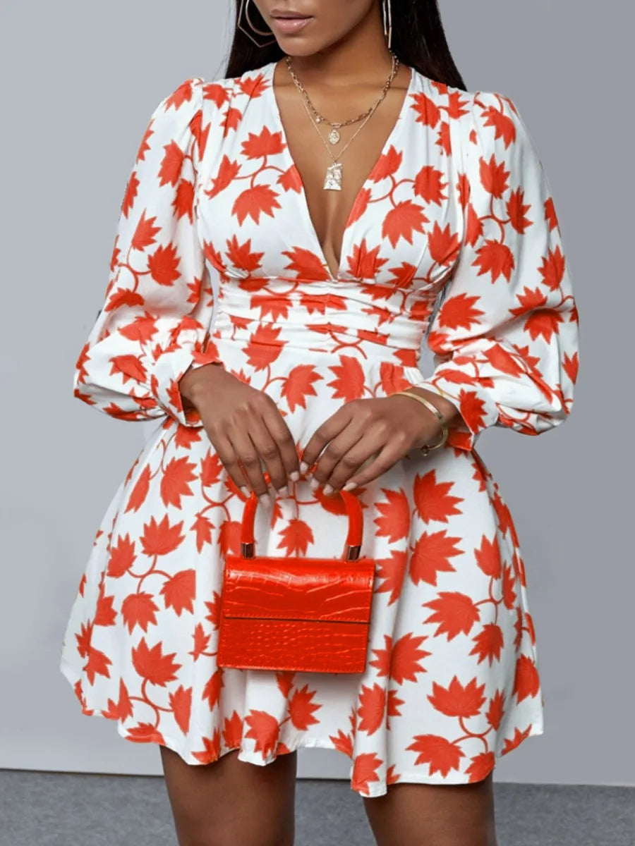Vestido de moda dulce 2025 con escote en V profundo, estampado floral, minivestido de corte A para mujer, ropa de verano de manga larga, conjuntos para dama