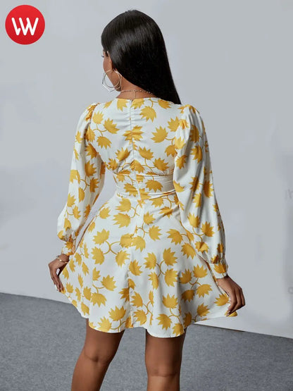 Vestido de moda dulce 2025 con escote en V profundo, estampado floral, minivestido de corte A para mujer, ropa de verano de manga larga, conjuntos para dama