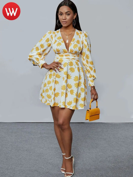 Sweet 2025 Fashion Dress Deep V Neck Floral Print Mini A Line Cleavage Women Clothings Summer Long Sleeve Lady Outfits