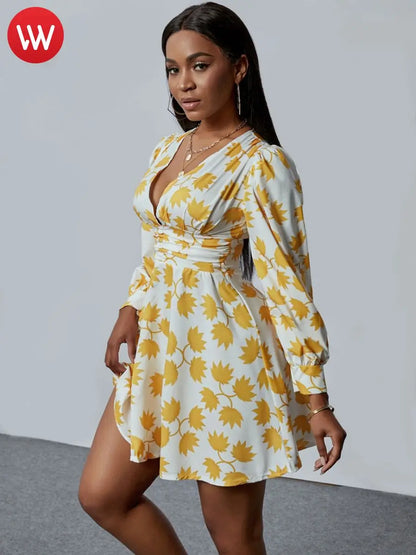 Vestido de moda dulce 2025 con escote en V profundo, estampado floral, minivestido de corte A para mujer, ropa de verano de manga larga, conjuntos para dama