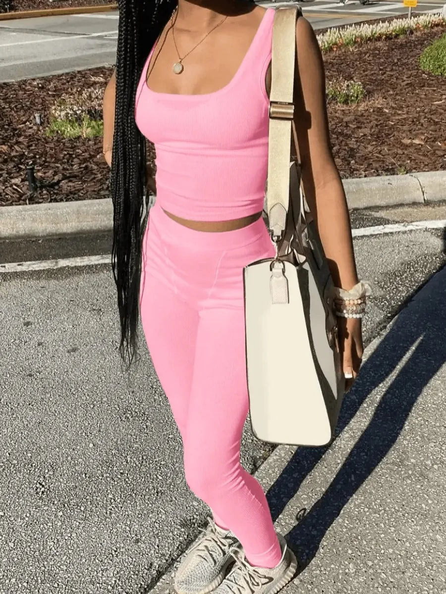 Women Tracksuit Round Neck Letter Print Short Sleeve Top Outfits Fitness Two Pieces Pants Set
