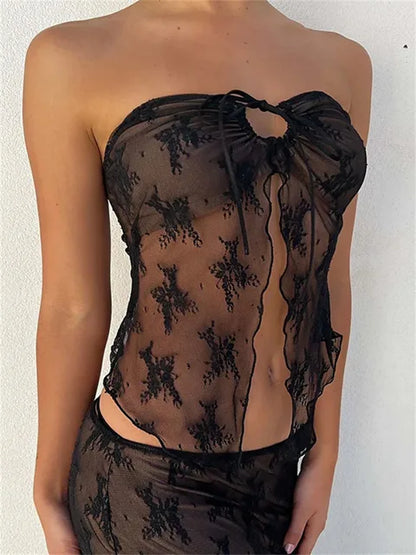 Lace Bustiers Corsets Strapless Off Shoulder Tube Tops Party Mesh See Through Tank Summer Mini Vest 2025 New