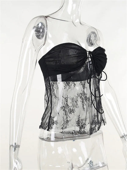 Lace Bustiers Corsets Strapless Off Shoulder Tube Tops Party Mesh See Through Tank Summer Mini Vest 2025 New