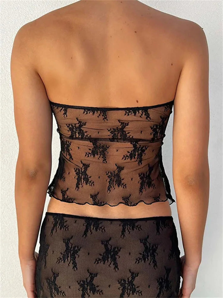 Lace Bustiers Corsets Strapless Off Shoulder Tube Tops Party Mesh See Through Tank Summer Mini Vest 2025 New