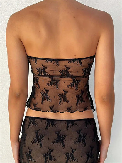 Lace Bustiers Corsets Strapless Off Shoulder Tube Tops Party Mesh See Through Tank Summer Mini Vest 2025 New