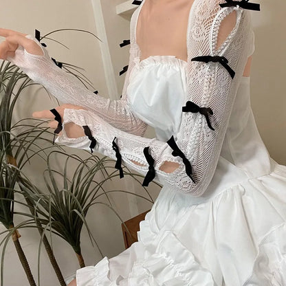 Lace Oversleeve Wraps Bowknot Fingerless Gloves Y2k Arm Warmers Women’s Lolita Accessories Lace Cuffs Party Glove With Bow 2025