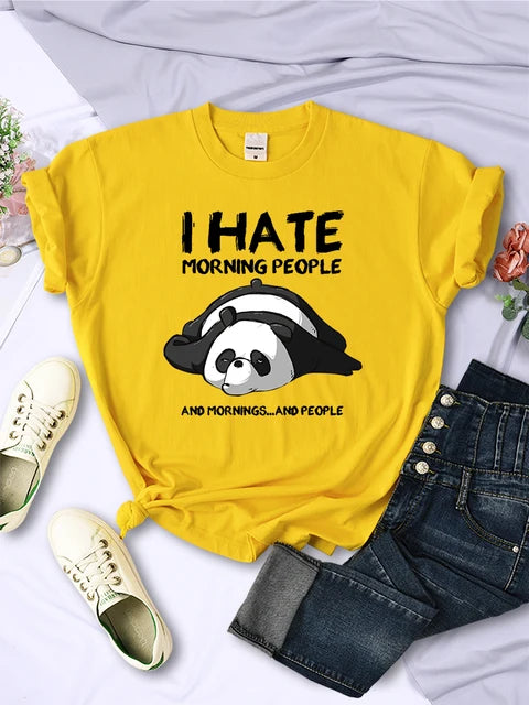 Lazy Panda I Hate Morning People Women Short Sleeve Fashion Creative All-math Clothing Street Hip Hop O-Neck Tops Womans T-Shirt