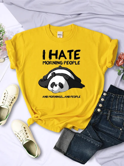 Lazy Panda I Hate Morning People Women Short Sleeve Fashion Creative All-math Clothing Street Hip Hop O-Neck Tops Womans T-Shirt