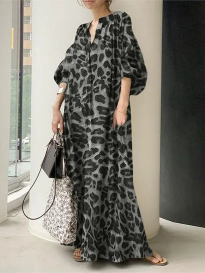 Vestidos largos con estampado de leopardo para mujer, moda de temperamento, cuello en V, mangas abullonadas, vestido suelto, estilo bohemio moderno, vestidos de primavera, nuevo