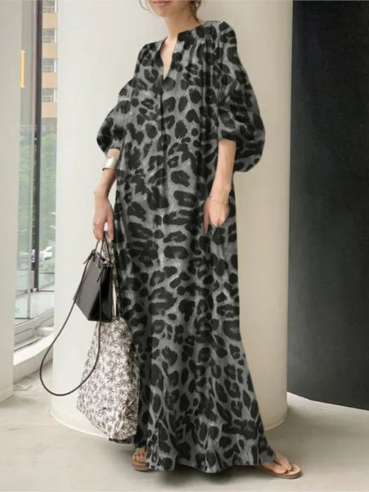 Vestidos largos con estampado de leopardo para mujer, moda de temperamento, cuello en V, mangas abullonadas, vestido suelto, estilo bohemio moderno, vestidos de primavera, nuevo