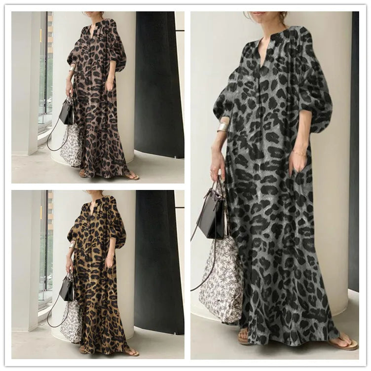 Vestidos largos con estampado de leopardo para mujer, moda de temperamento, cuello en V, mangas abullonadas, vestido suelto, estilo bohemio moderno, vestidos de primavera, nuevo
