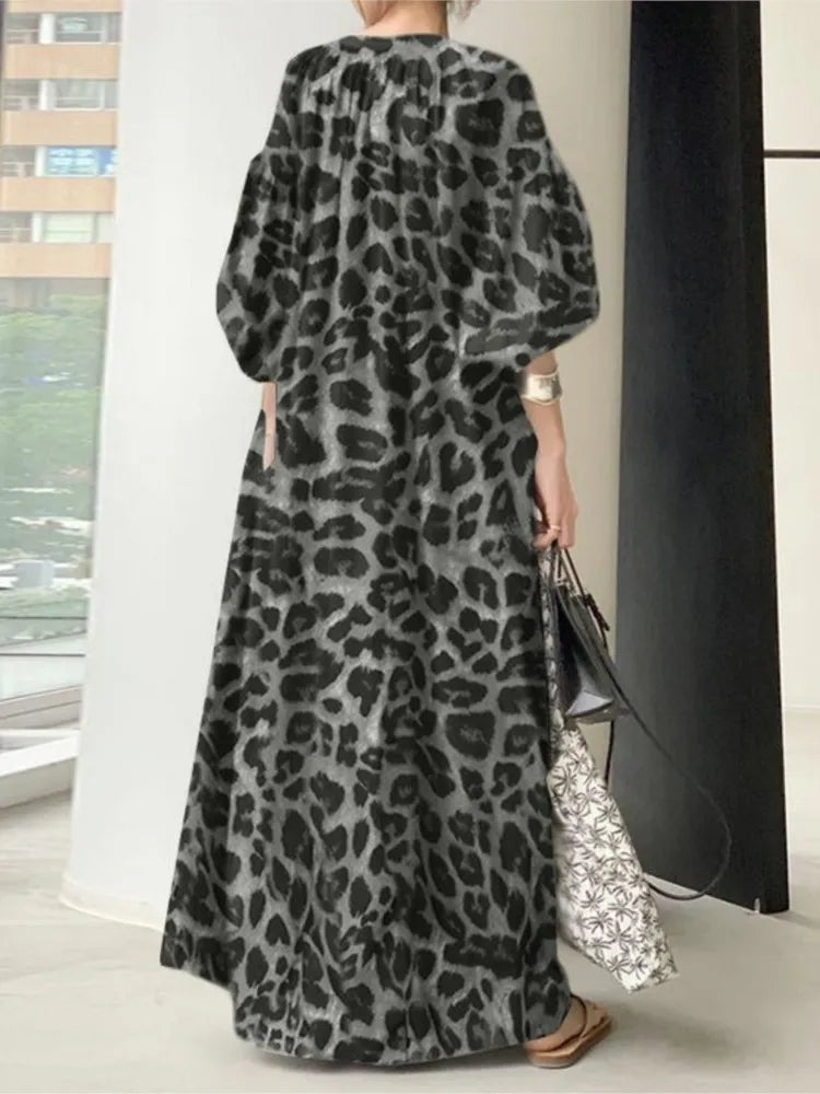 Vestidos largos con estampado de leopardo para mujer, moda de temperamento, cuello en V, mangas abullonadas, vestido suelto, estilo bohemio moderno, vestidos de primavera, nuevo