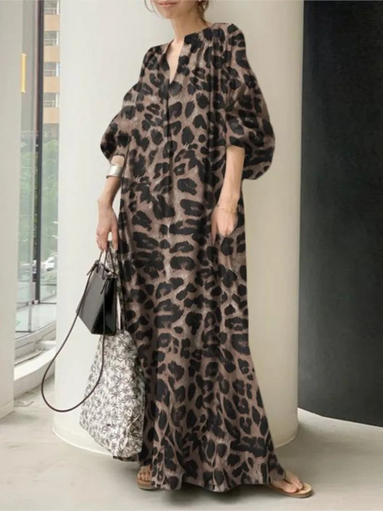 Vestidos largos con estampado de leopardo para mujer, moda de temperamento, cuello en V, mangas abullonadas, vestido suelto, estilo bohemio moderno, vestidos de primavera, nuevo