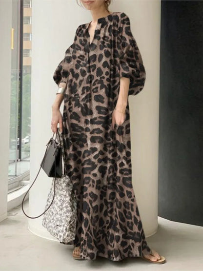 Vestidos largos con estampado de leopardo para mujer, moda de temperamento, cuello en V, mangas abullonadas, vestido suelto, estilo bohemio moderno, vestidos de primavera, nuevo