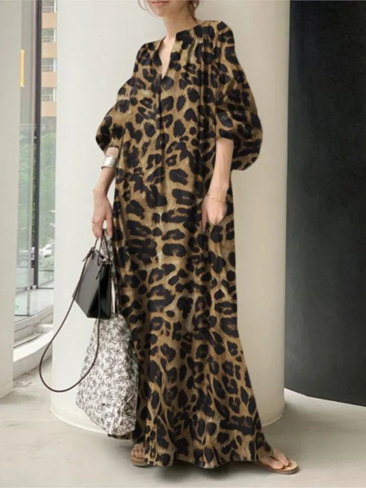 Vestidos largos con estampado de leopardo para mujer, moda de temperamento, cuello en V, mangas abullonadas, vestido suelto, estilo bohemio moderno, vestidos de primavera, nuevo