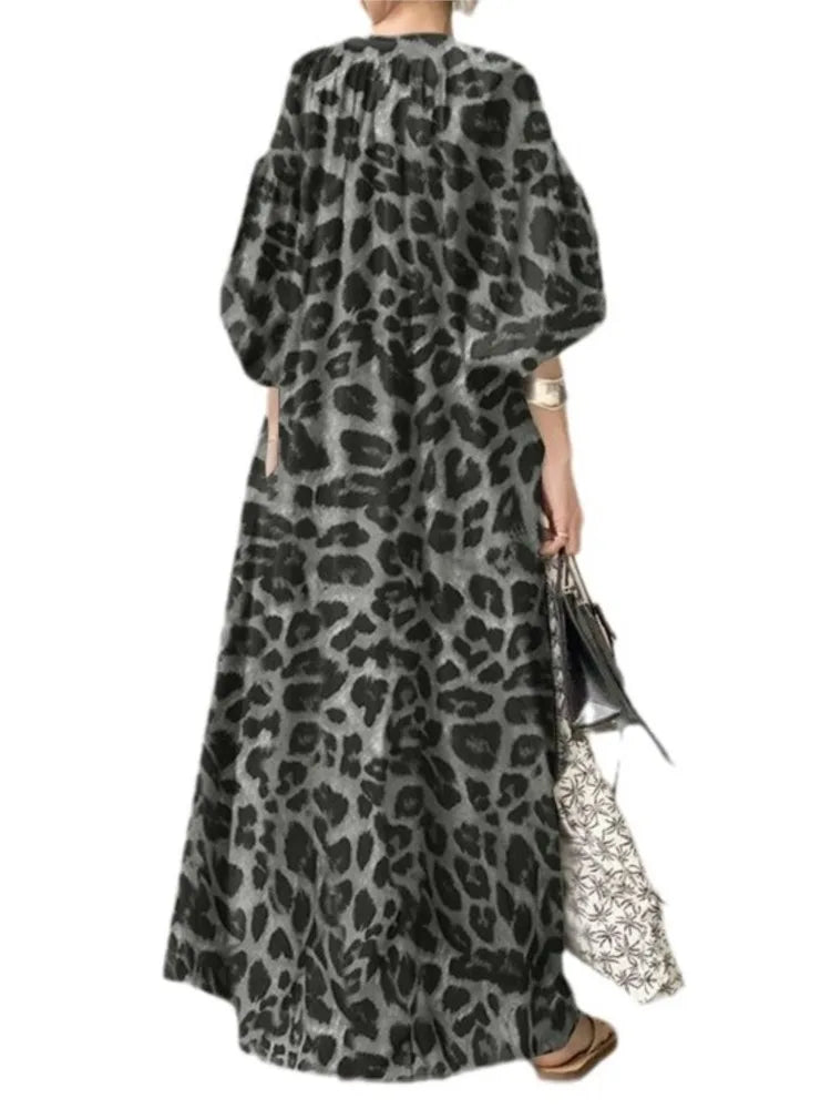 Vestidos largos con estampado de leopardo para mujer, moda de temperamento, cuello en V, mangas abullonadas, vestido suelto, estilo bohemio moderno, vestidos de primavera, nuevo