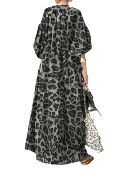 Vestidos largos con estampado de leopardo para mujer, moda de temperamento, cuello en V, mangas abullonadas, vestido suelto, estilo bohemio moderno, vestidos de primavera, nuevo