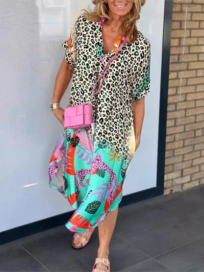 Vestidos de patchwork con estampado de leopardo para mujer, cuello en V, manga corta, bolsillo, abertura holgada, vestido midi, moda informal, vestidos de verano para mujer, nuevo