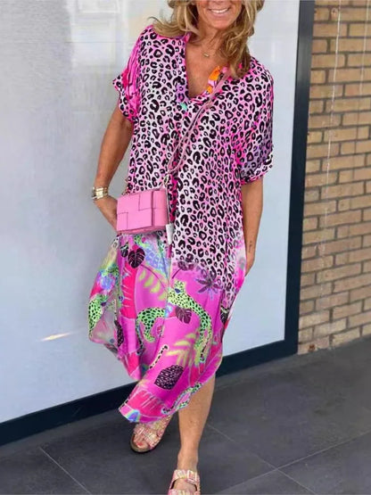 Vestidos de patchwork con estampado de leopardo para mujer, cuello en V, manga corta, bolsillo, abertura holgada, vestido midi, moda informal, vestidos de verano para mujer, nuevo