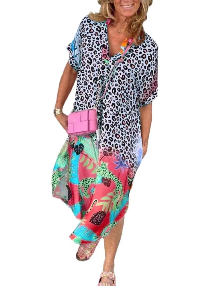 Vestidos de patchwork con estampado de leopardo para mujer, cuello en V, manga corta, bolsillo, abertura holgada, vestido midi, moda informal, vestidos de verano para mujer, nuevo