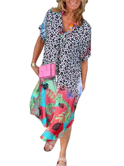 Vestidos de patchwork con estampado de leopardo para mujer, cuello en V, manga corta, bolsillo, abertura holgada, vestido midi, moda informal, vestidos de verano para mujer, nuevo