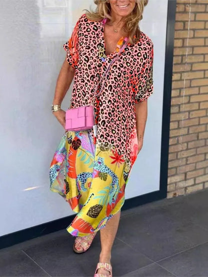 Vestidos de patchwork con estampado de leopardo para mujer, cuello en V, manga corta, bolsillo, abertura holgada, vestido midi, moda informal, vestidos de verano para mujer, nuevo