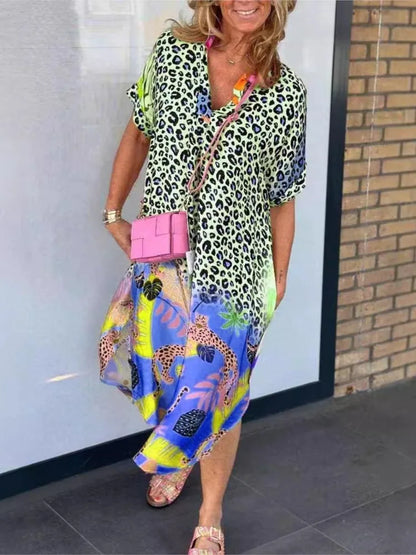Vestidos de patchwork con estampado de leopardo para mujer, cuello en V, manga corta, bolsillo, abertura holgada, vestido midi, moda informal, vestidos de verano para mujer, nuevo