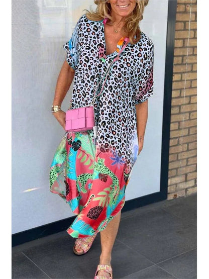 Vestidos de patchwork con estampado de leopardo para mujer, cuello en V, manga corta, bolsillo, abertura holgada, vestido midi, moda informal, vestidos de verano para mujer, nuevo