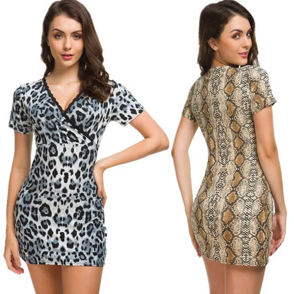 Vestidos mini ajustados con estampado de leopardo para mujer, sexys, con escote en V, de encaje y retazos, vestido ajustado a la cadera, moda urbana, Vestidos