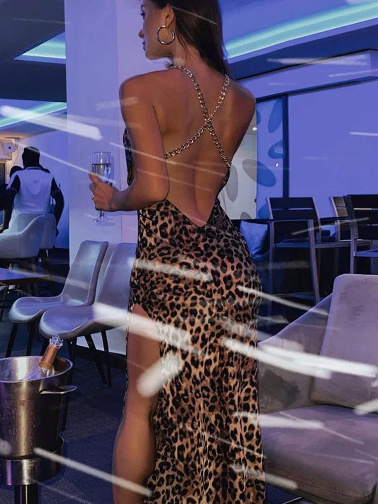 Leopard Print Women Chain Strap Side Slit Maxi Dress Backless Bodycon Sexy Streetwear Festival 2025 Evening Elegant