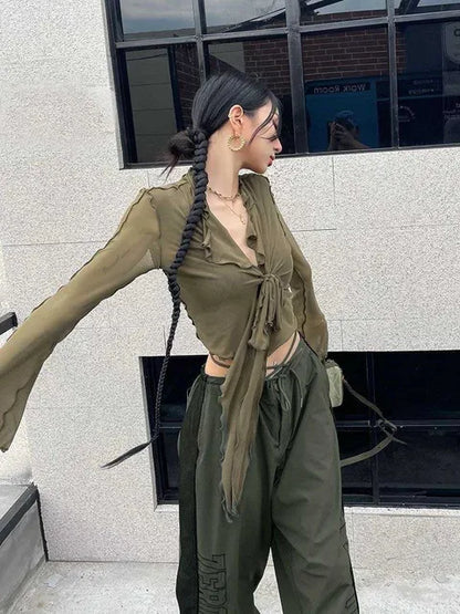 Blusas de manga larga acampanada para mujer, con cordones, de malla, sexys, dulces y atractivas, estilo coreano, combinables, diseño liso, elegantes e informales.