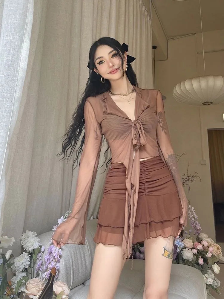 Blusas de manga larga acampanada para mujer, con cordones, de malla, sexys, dulces y atractivas, estilo coreano, combinables, diseño liso, elegantes e informales.