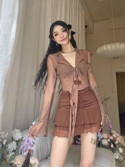 Blusas de manga larga acampanada para mujer, con cordones, de malla, sexys, dulces y atractivas, estilo coreano, combinables, diseño liso, elegantes e informales.