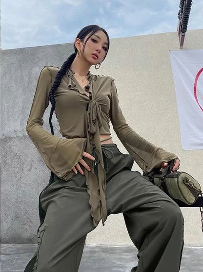 Blusas de manga larga acampanada para mujer, con cordones, de malla, sexys, dulces y atractivas, estilo coreano, combinables, diseño liso, elegantes e informales.