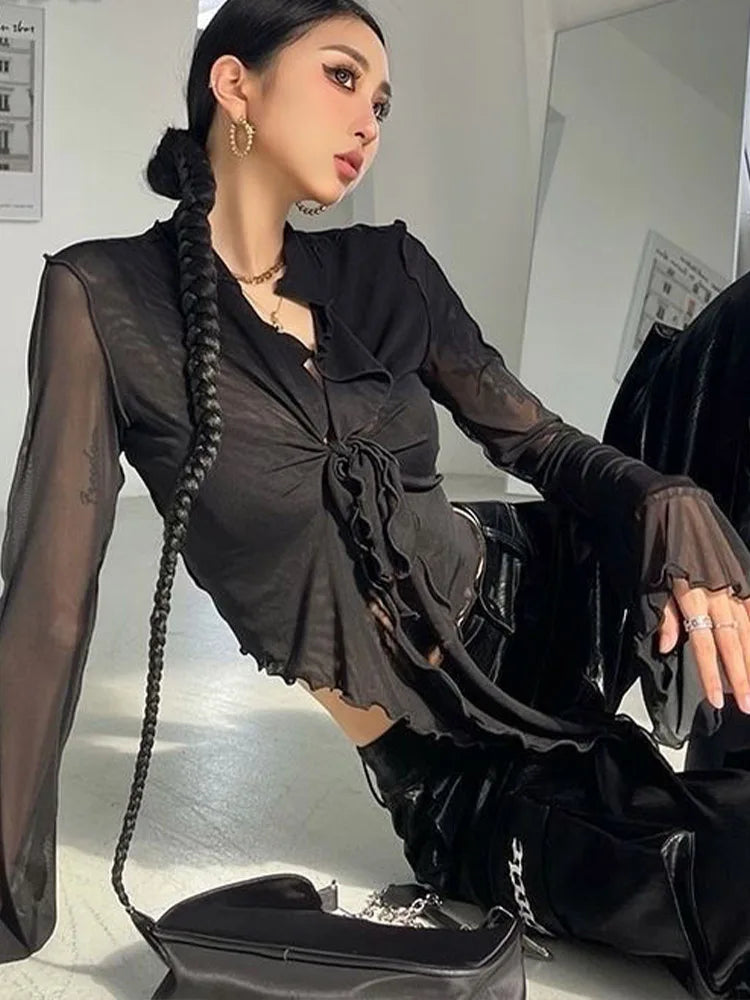 Blusas de manga larga acampanada para mujer, con cordones, de malla, sexys, dulces y atractivas, estilo coreano, combinables, diseño liso, elegantes e informales.