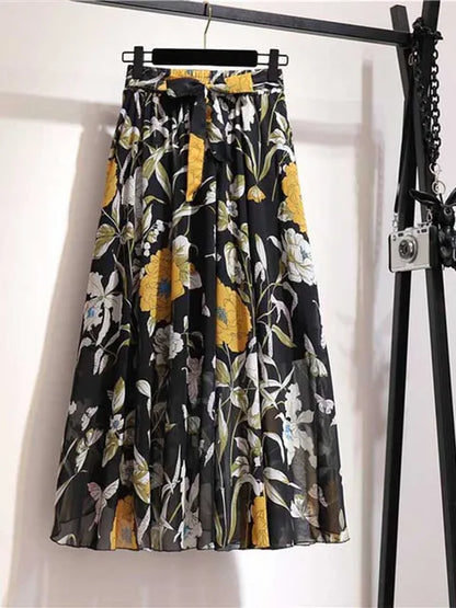 Falda larga para mujer, primavera verano 2025, estilo coreano, de gasa blanca y negra, para el sol, de cintura alta, midi, para mujer