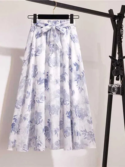 Falda larga para mujer, primavera verano 2025, estilo coreano, de gasa blanca y negra, para el sol, de cintura alta, midi, para mujer