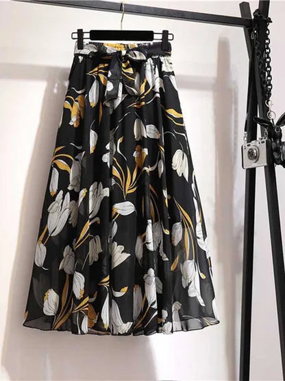 Falda larga para mujer, primavera verano 2025, estilo coreano, de gasa blanca y negra, para el sol, de cintura alta, midi, para mujer