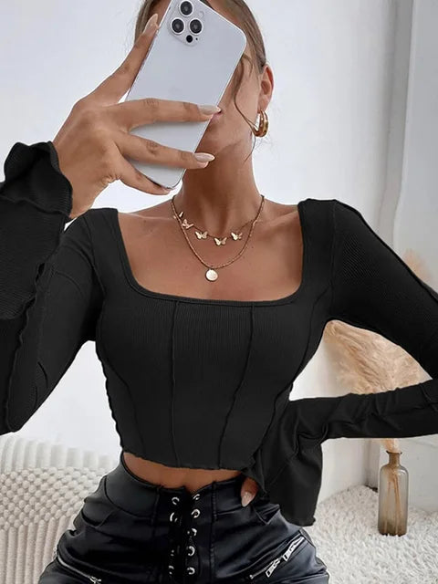 Camisetas de punto de manga larga para mujer, camisetas negras sin espalda, ropa de calle sexy, top corto básico Y2K informal para primavera y otoño 2025