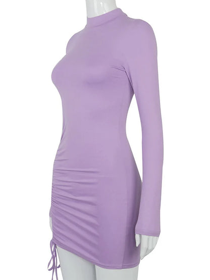 Vestido ajustado de manga larga fruncido para mujer, minivestido de cuello alto, ajustado, elástico, negro, para fiesta, otoño