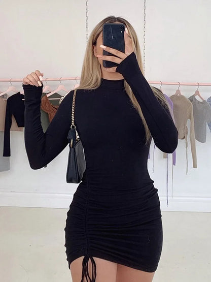Vestido ajustado de manga larga fruncido para mujer, minivestido de cuello alto, ajustado, elástico, negro, para fiesta, otoño