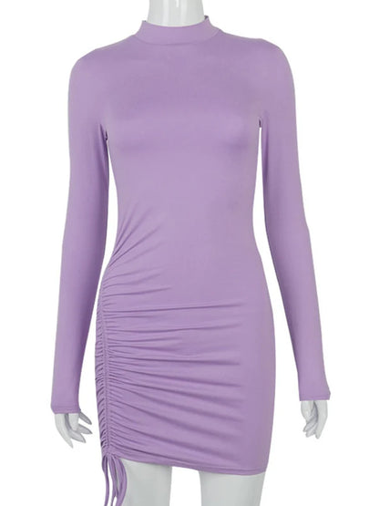Vestido ajustado de manga larga fruncido para mujer, minivestido de cuello alto, ajustado, elástico, negro, para fiesta, otoño