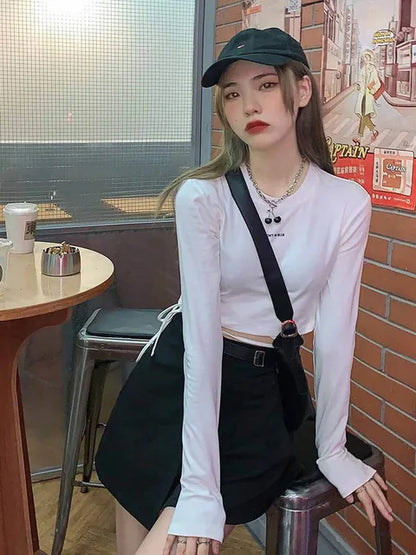 Long Sleeve T-shirts Women Design Sexy Crop Ins Prevalent Bandage Tops Harajuku Ulzzang Street Spring Female Ropa Hot Skinny New