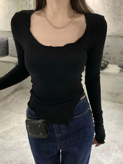 Camisetas de manga larga para mujer, con dobladillo irregular y línea de hongo, de punto, ajustadas, de otoño, elegantes, sexys, lisas, Ulzzang, nuevas