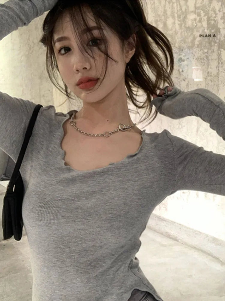 Camisetas de manga larga para mujer, con dobladillo irregular y línea de hongo, de punto, ajustadas, de otoño, elegantes, sexys, lisas, Ulzzang, nuevas