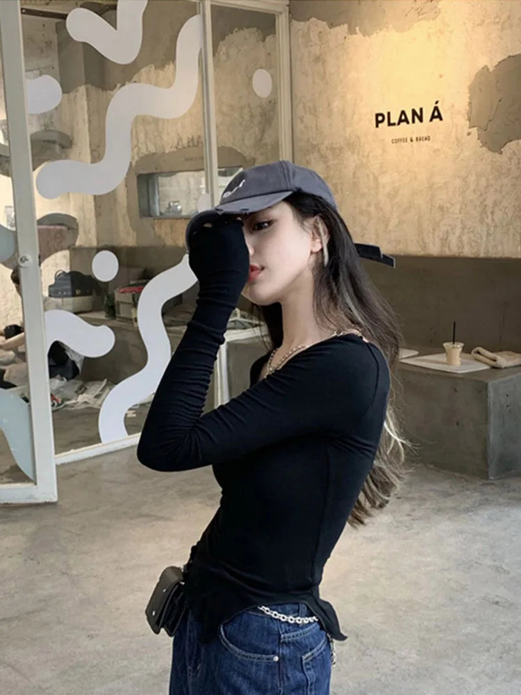 Camisetas de manga larga para mujer, con dobladillo irregular y línea de hongo, de punto, ajustadas, de otoño, elegantes, sexys, lisas, Ulzzang, nuevas
