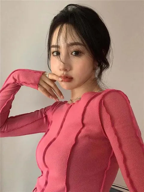 Camisetas de manga larga para mujer, de primavera, lisas, con cuello redondo, elegantes, con decoración de líneas brillantes, ajustadas, informales, suaves, de alta calidad.