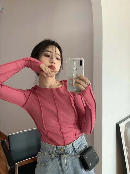 Camisetas de manga larga para mujer, de primavera, lisas, con cuello redondo, elegantes, con decoración de líneas brillantes, ajustadas, informales, suaves, de alta calidad.